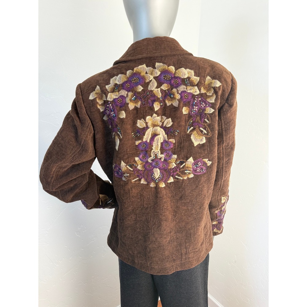 Vintage Coldwater Creek Brown Floral Embroidered Beaded Jacket Blazer
